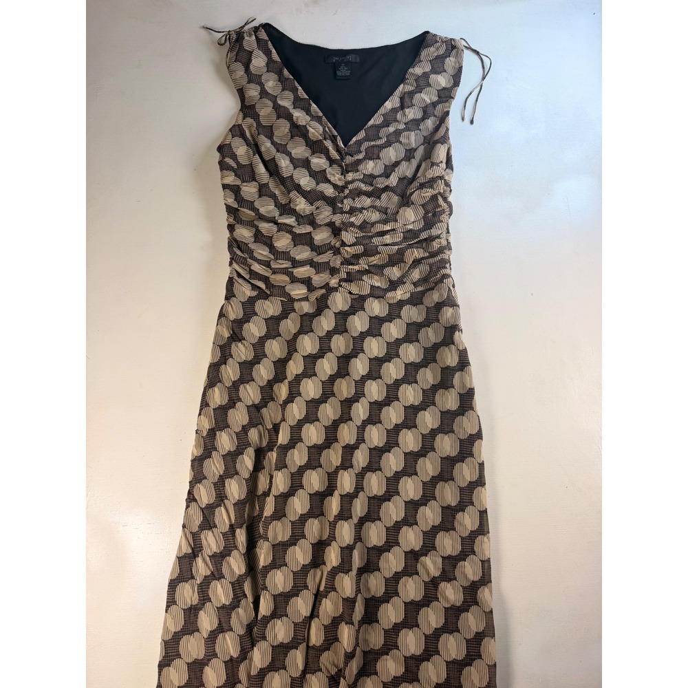 The Limited Silk Midi Dress Women 10‎ Brown Excellent Ruched Geometric Polka Dot